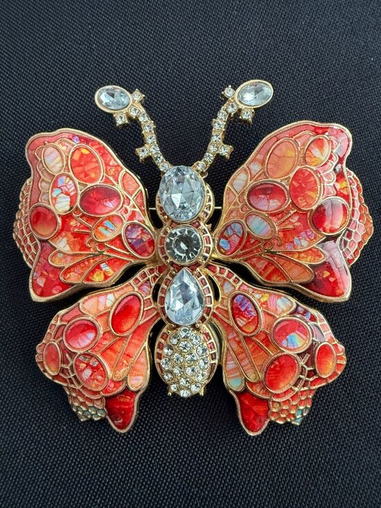 Jewelry - Large Red & Coral Enamel Butterfly Brooch – Iridescent Wings, Crystal Body, Gold